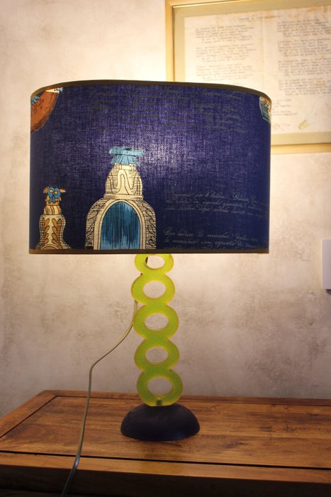 Bordlampe - Lampe med Fornasetti stof - stof, metal, stift plast