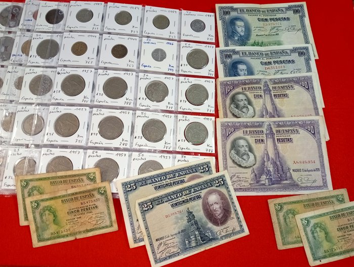 西班牙. Lote 156 monedas + 10 billetes antiguos + 8 monedas de pruebas de euros 1870/2001  (没有保留价)