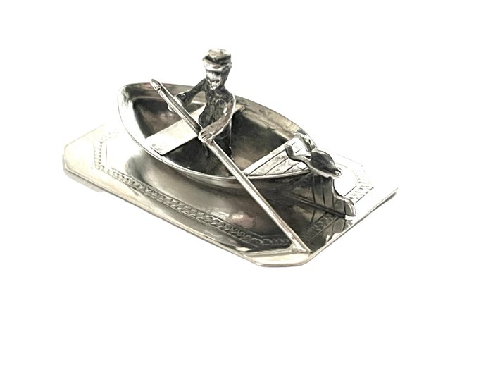 Hollandse zilveren miniatuur man in bootje - Miniaturfigur -  (1) - Silber