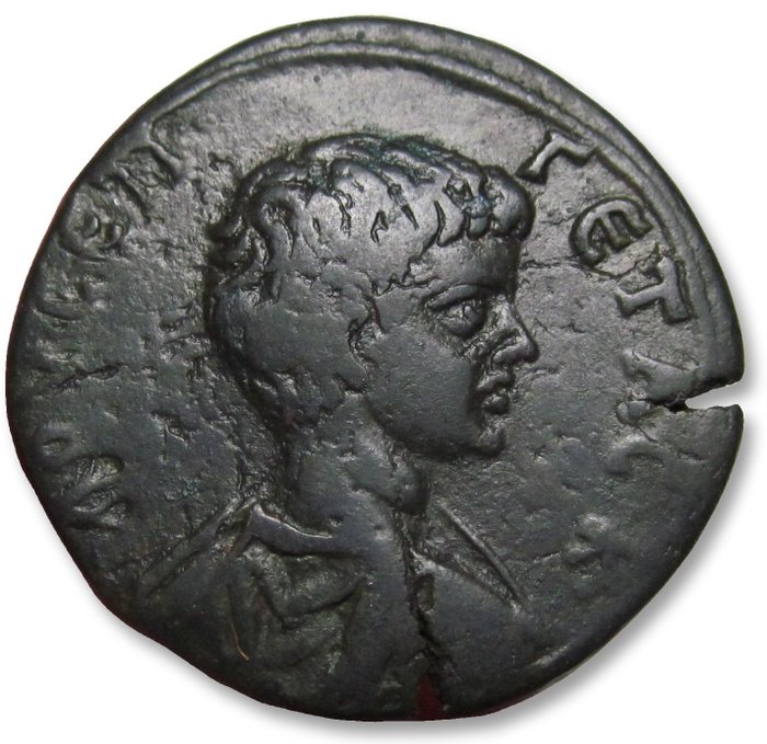 罗马帝国（省）. Geta as Caesar. Large AE 28 (tetrassarion) Moesia, Marcianopolis - struck under Aurelius Gallus, legatis consularis, circa 201-202A.D. -