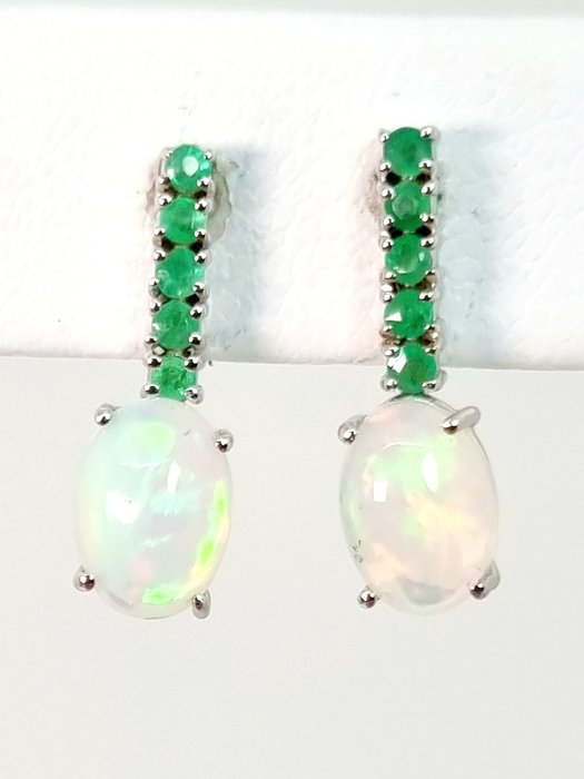 No Reserve Price - No reserve price Earrings - White gold Oval Opal - Emerald 