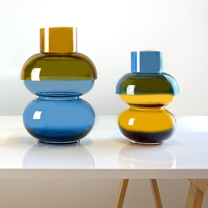 Cloudnola - Vas (2) -  Set med 2 - Cloudnola Supreme Bubble Vaser i blått och gult - Handgjorda och munblåsta  - Glas