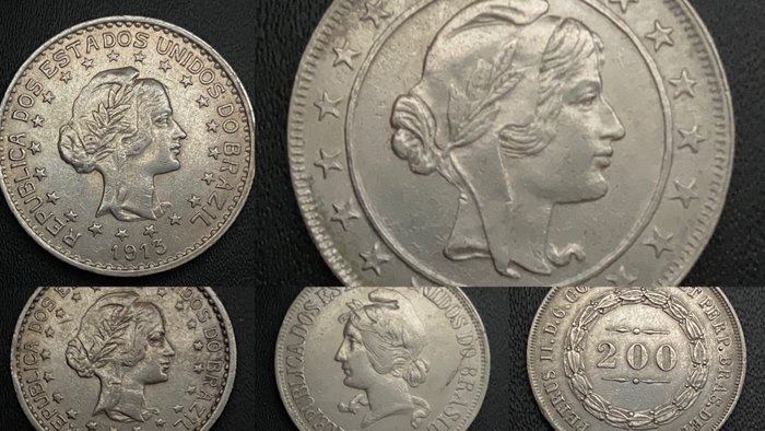 Brasilien. Republic. 200 + 500 + 1000 + 2000 Reis 1864/1924 (5 Silver Coins)