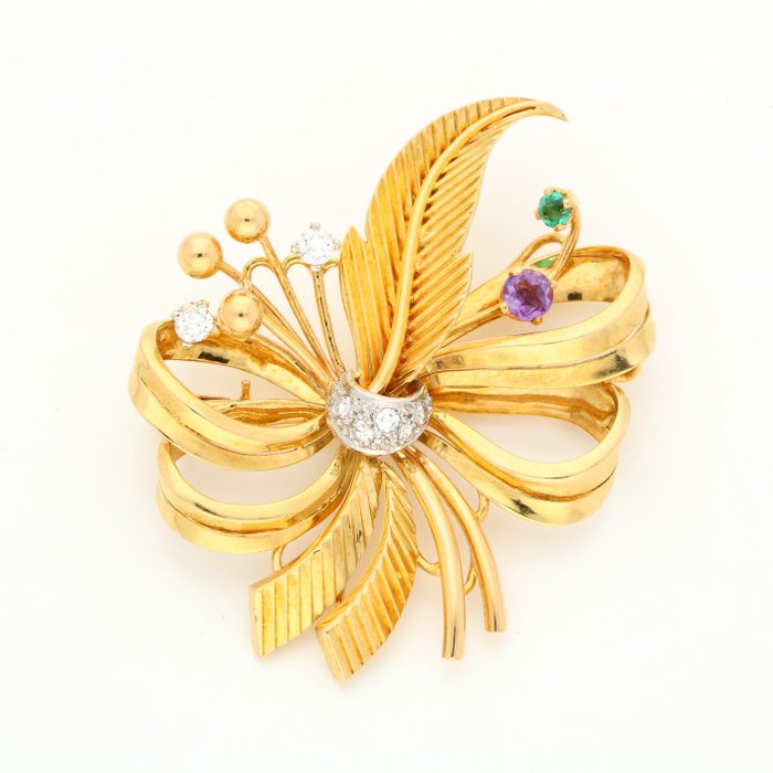 Brooch Yellow gold Diamond  (Natural) - Spinel 