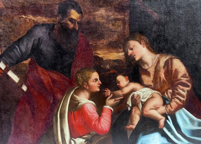 Tiziano Vecellio (1485-1576), Seguace di - Matrimonio Mistico di Santa Caterina d’Alessandria con San Luca