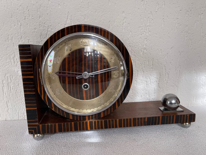 壁爐鐘 - 木材, 科羅曼德木(Coromandel), 玻璃, 青銅色, 鉻合金 - 1920-1930