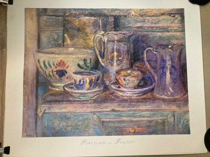 klavi arne - Artista Kavli, Arne  Porcelain Tea-Cups and Saucers, Jugs and a Bowl on a Cupboard (oil on canvas) - anii `90