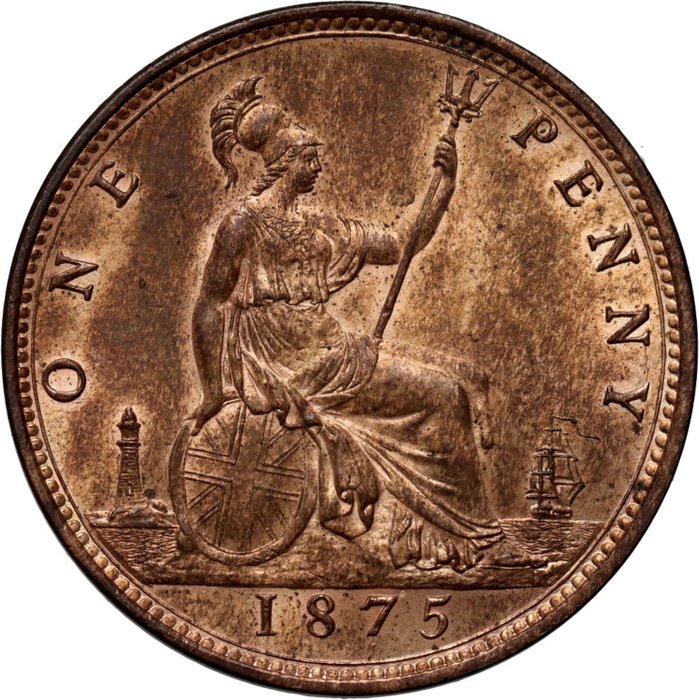 英国. Victoria (1837-1901). 1 Penny 1875, London "Bun Head"
