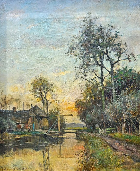 J.J. "Jan" van der Stap (1874-1944) - Impressionistisch landschap bij ondergaande zon getiteld " Broeksloot bij Voorburg "
