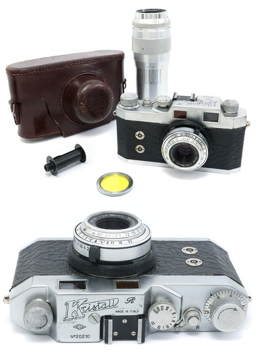 Kristall with Xenar 38mm + Culminar 135mm + leather case, spool and yellow filter lens italian camera Leica Messsucherkamera