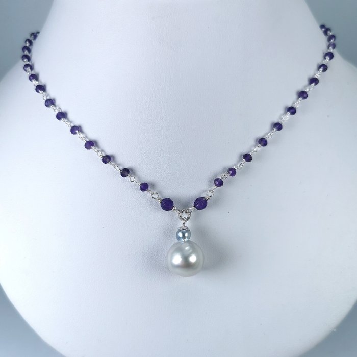 沒有保留價 - Australian Southsea pearl BQ Ø 13x16,5 mm precious stones - 頸鏈 銀 珍珠 - 紫水晶 