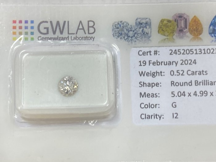 1 pcs 钻石 - 0.52 ct - 圆形 - G - I2 内含二级, No reserve price