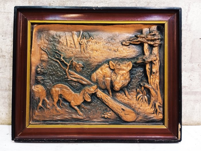 浮雕, Hunting for Boar - 23 cm - 銅 - 1940