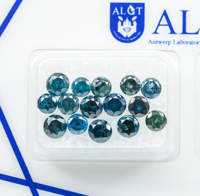 15 pcs Diamants - 3.56 ct - Couleur bleu foncé vif/vert bleuâtre fantaisie traitée - I2-I3 *NO RESERVE*