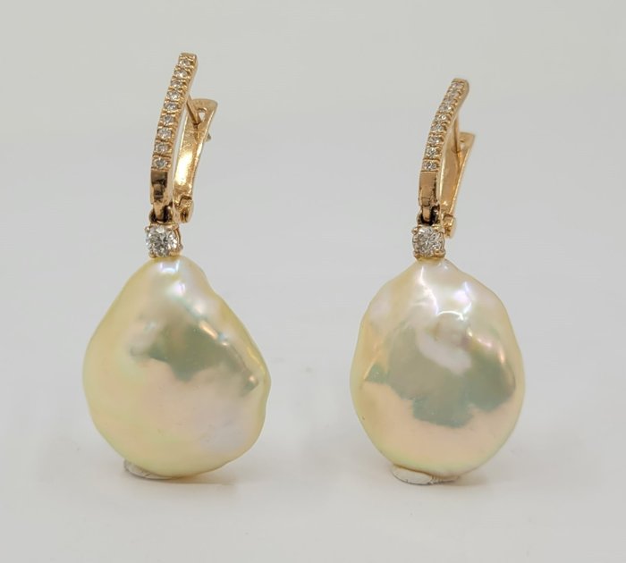 ALGT Certified - 18mm Shimmering Baroque Edison Pearls - 耳環 - 14 克拉 玫瑰金 鉆石  (天然)