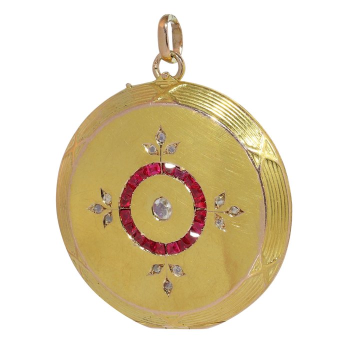 Vintage 1920's Art Deco - Wisiorek - 18-karatowe Żółte złoto Rubin - Diament