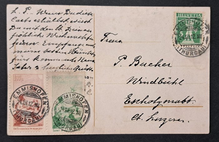 Suisse 1900 - Pro Juventute précurseur français et allemand sur carte d'Emmishofen, 24/12/12