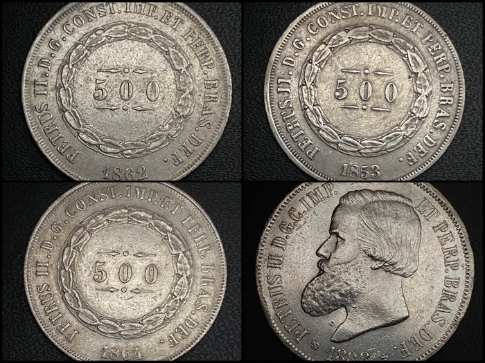 巴西. 500 Reis + 2000 Reis 1853/1888 (4 Silver Coins)