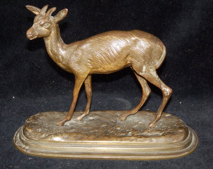 Alexandre Léonard (1821-1877) - Skulptur, Fraai Animalier beeld van Hert - 13 cm - Bronze, Bronze (patiniert), Marmor