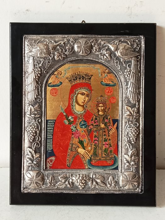 Icon - Mother of God - 950 silver painted with tempera on wood