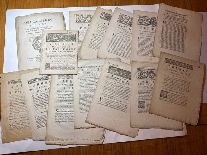 Declaration , Edit et Arrest du Roi Louis XiV, XV et XVI - 15 Documents sur papier 1686-1785 - 1686