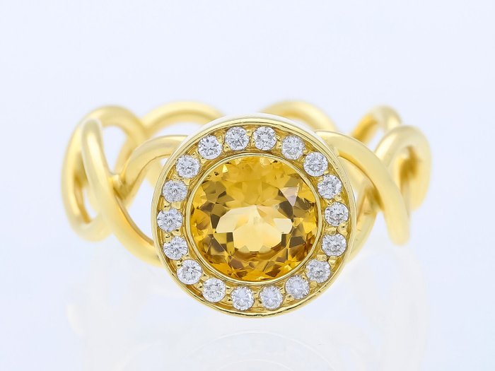 戒指 - 18K包金 黄金 -  1.20 tw. 黄水晶 - 钻石 