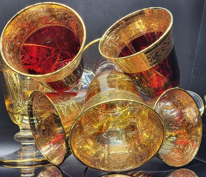 antica cristalleria italiana - Cristalería/juego para bebidas (6) - incomparable emerald and red wine jewels in gold - .999 (24 qt) oro, Cristal
