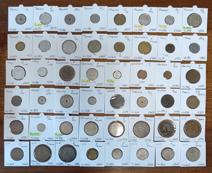 Európa. A lot of 48 x European coins including 8 silver, nice selection 1875 - 1954