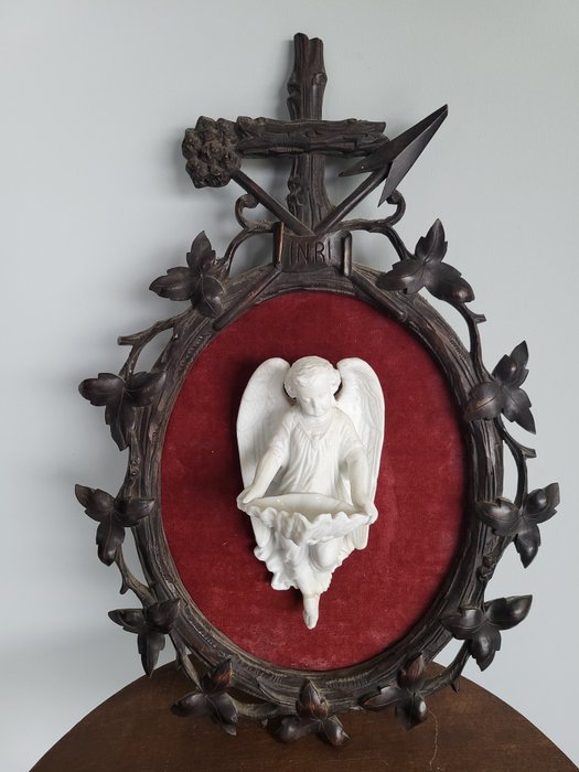 Objets religieux et spirituels - (RARE (150 ans !)) bénitier ange en porcelaine (1) - Bois, Porcelaine, Velours - 1850-1900