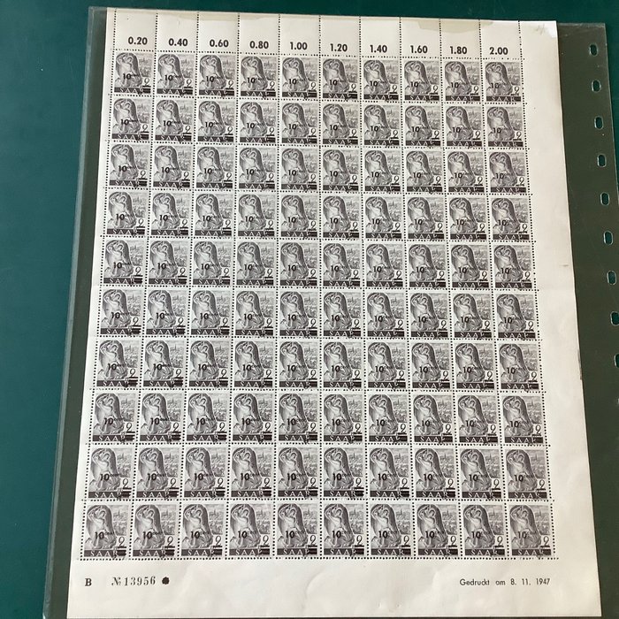 Sarre 1947 - Urdruck de 10 centavos em folha completa com erro de placa e data de impressão - Michel 226I, 226I AFI en Dr