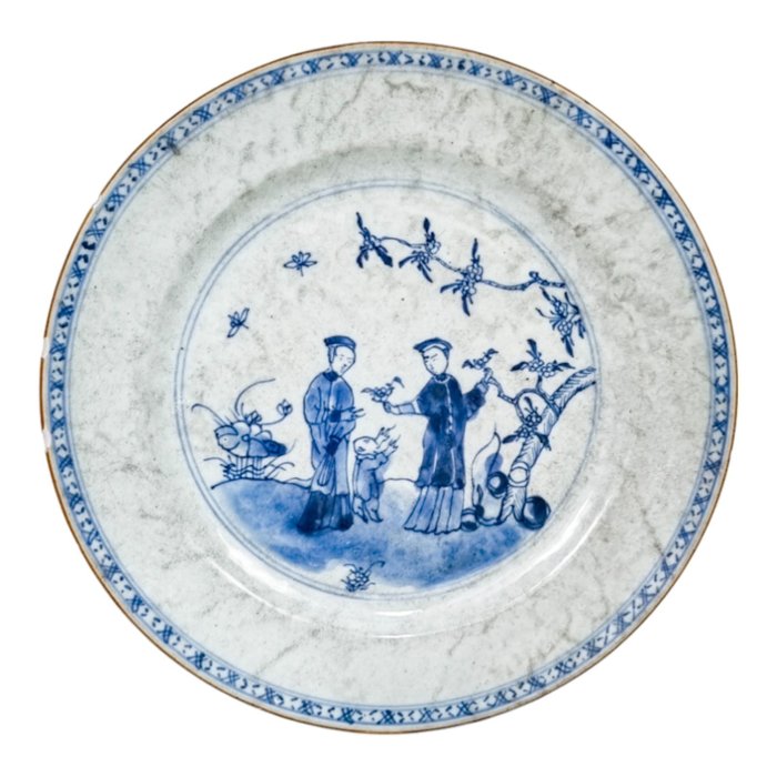 Yongzheng blue and white porcelain plate of scholars and boy in landscape - Tallerken (1) - Porcelæn