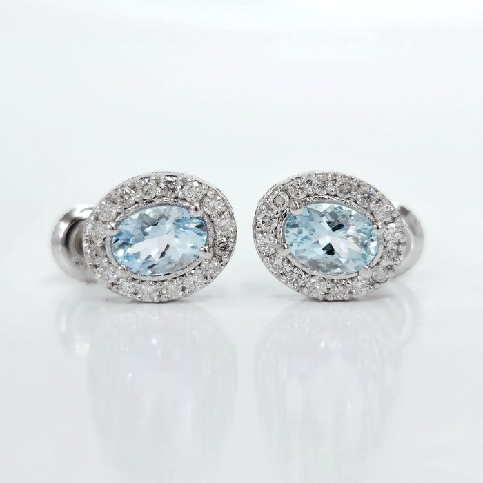 Sans Prix de Réserve - 1.50 ct Blue Aquamarine & 0.55 ct E to H Diamond Earrings - 2.49 gr - Boucles d'oreilles - 14 carats Or blanc Aigue-marine 