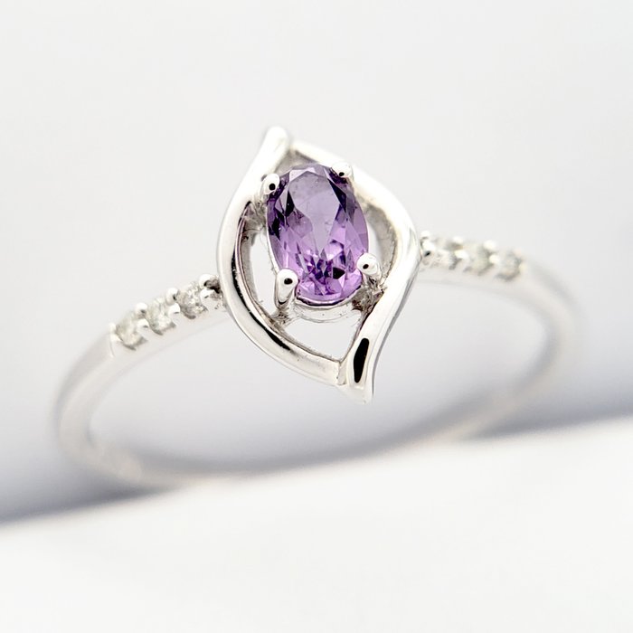 没有保留价 - 戒指 - 14K包金 白金 -  0.27 tw. 紫水晶 - 钻石 