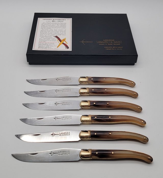 Laguiole ARBALETE Genès David - Table knife set (6) - Steel (stainless), Real blonde horn