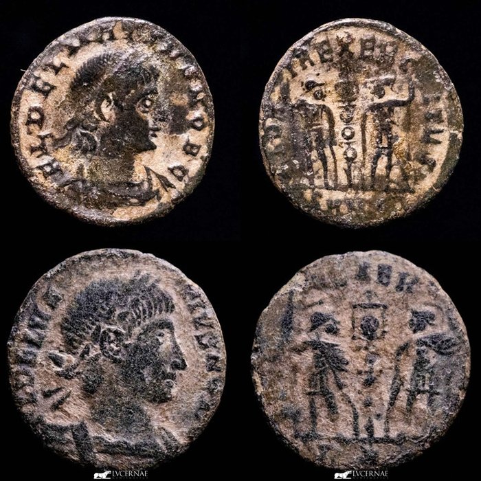 Roman Empire. Delmatius (AD 335-337). 1/2 Follis Lot two (2) 1/2 Follis Delmatius. Rome & Nicomedia mint. GLORIA EXEEERCITVS