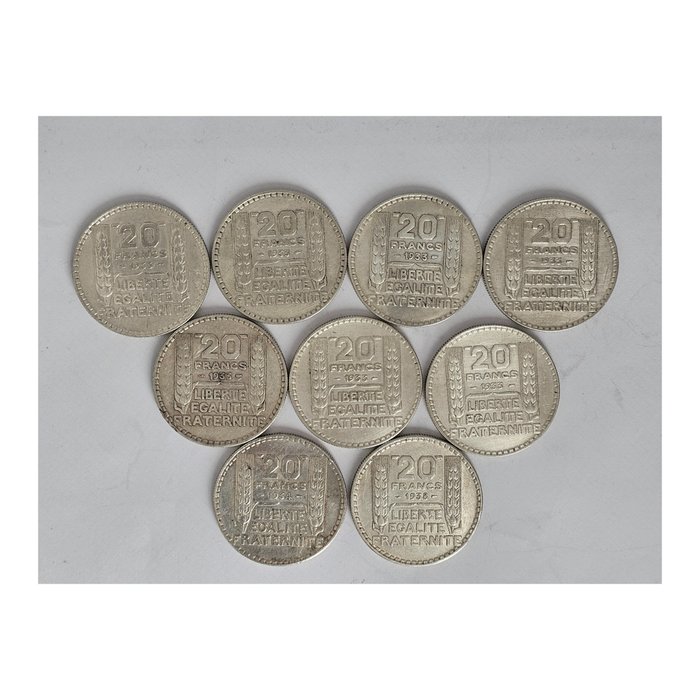 France. 20 Francs 1933/1938 Turin (lot of 9 silver coins)