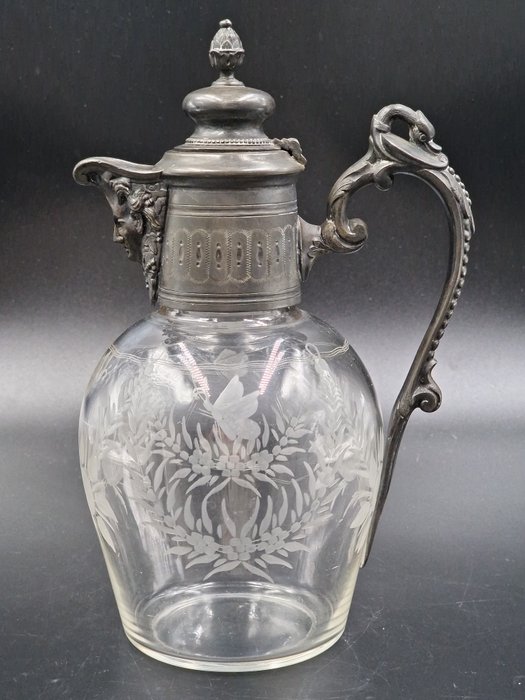 Carafă - Geëtst glas met vlinder decor - Placat cu argint, Sticlă