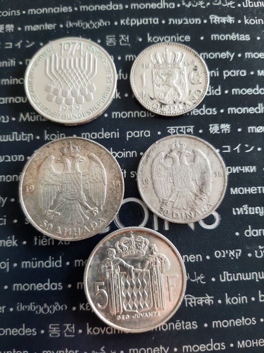 Europe. 5 pièces en argent 1938/1974