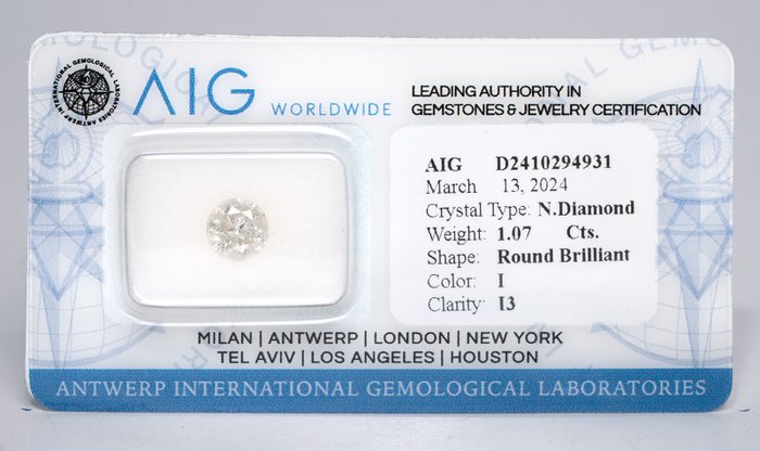 1 pcs Diamant - 1.07 ct - Rund, Fremragende snit, ingen reserve - I - I3 (piqué)