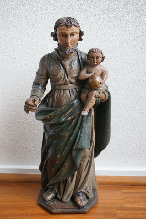 Veistos, St. Joseph with the Child Jesus, colonial (South-America/Asia) - 34.5 cm - Puu