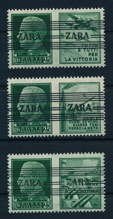 德意志國- 佔領扎拉 1943 - 義大利 25 美分郵票，帶有“Zara”樂隊全新郵票（全新，從未鉸鏈） - Michel Nr. 35.1, 35.3, 35.4 con Fotobefund Brunel VP "echt & einwandfrei"