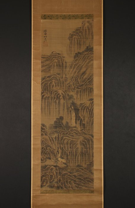 Very fine painting "Viewing fantastical rocky landscape", signed - including tomobako - Ki Baitei (1734-1810) - Japón - Periodo Edo (1600-1868)