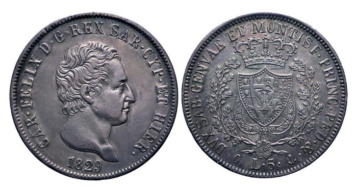 意大利，薩丁尼亞王國. 卡洛·費利切 (1821-1831). 5 Lire 1829 Genova