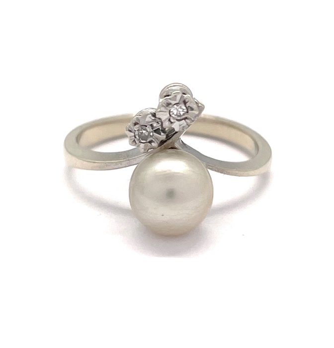 Ingen reservasjonspris - Vintage - Vers 1970 - Perle - Diamants - - Ring Hvitt gull 