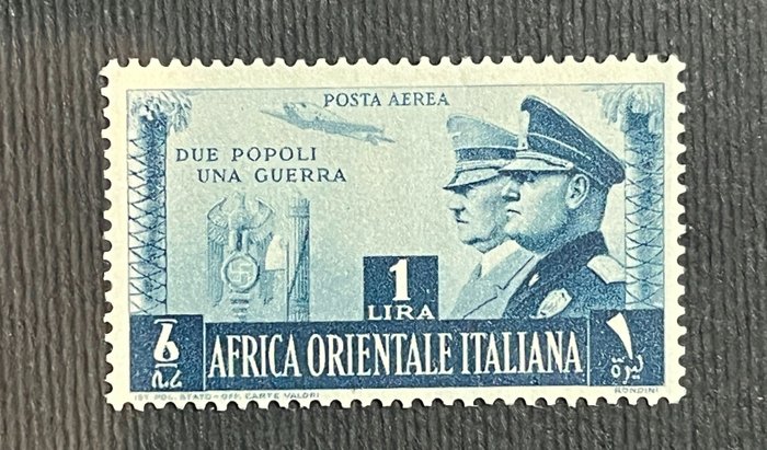 África Oriental Italiana 1941 - Hermandad de armas italo-alemana - 1 lira - Correo aéreo - Dos pueblos, una guerra. - Sassone IT-EA A20