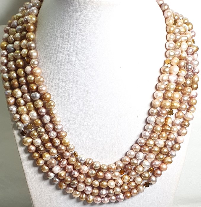Collar perlas doradas naturales con cruces griegas - RARAS & EXCLUSIVAS - broche plata 925 - Collar