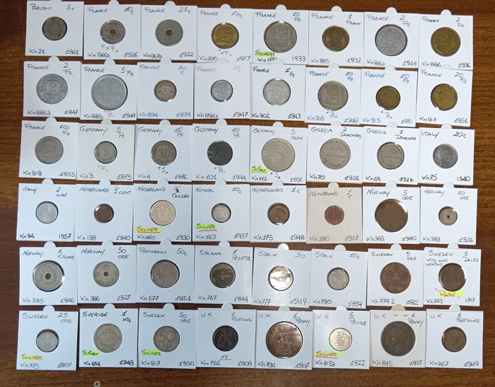 Európa. A lot of 48 x European coins including 8 silver, nice selection 1717 - 1959