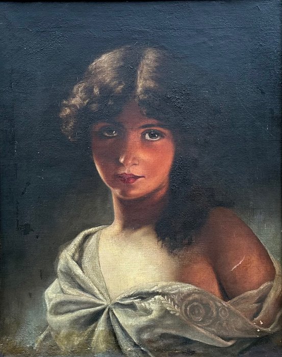 Continental School (XX) - A portrait of a young girl by candlelight