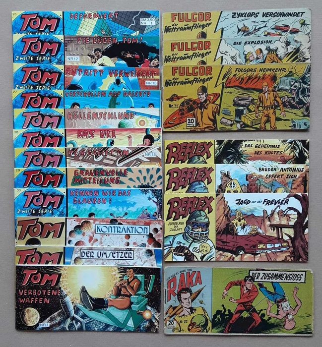 "Raka - Der Held des Jahres 2000" 22, "Fulgor - Der Weltraumflieger" 15, 32 u. 34, "Reflex - - "Der Zusammenstoss", "Die Explosion", "Fulgors Heimkehr", "Zyklops verschwindet", "Jagd auf den - 19 Comic, Flautim