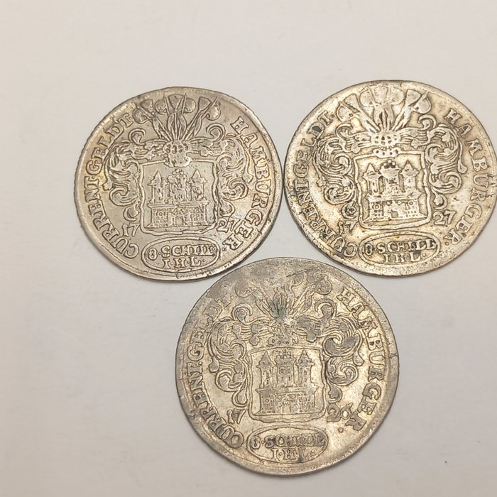 Allemagne - Hambourg. 3 x 8 Schilling   Silbermünzen, 1726, 1727 (2)